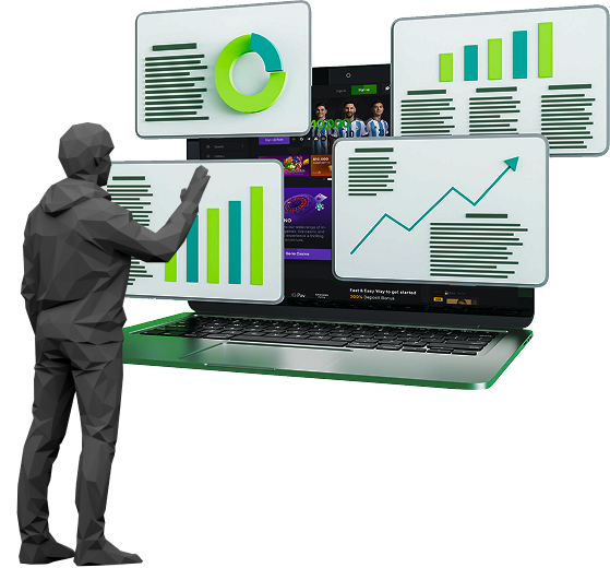 Casino SEO Services dashboard illustration - analyst reviewing traffic and ranking charts